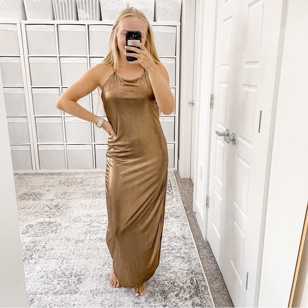 NEW NBD Bronze Metallix Maxi Dress Halter